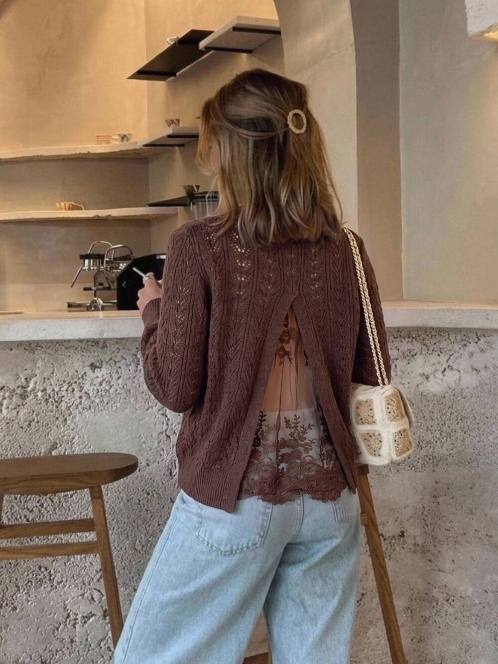 Brown Casual Women's Elegant Back Mesh Lace Patchwork Hollow Knit Sweater